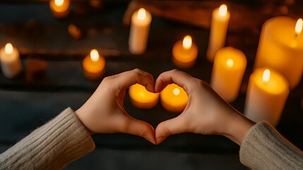 Hands forming a heart shape surrounded by glowing candles creating a warm and romantic atmosphere light