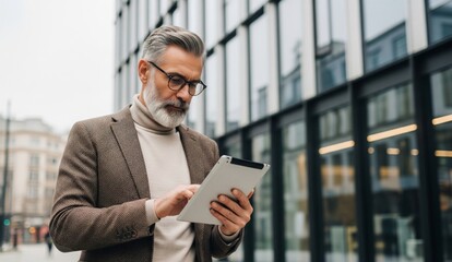 Businessman engaging with a tablet for work purposes