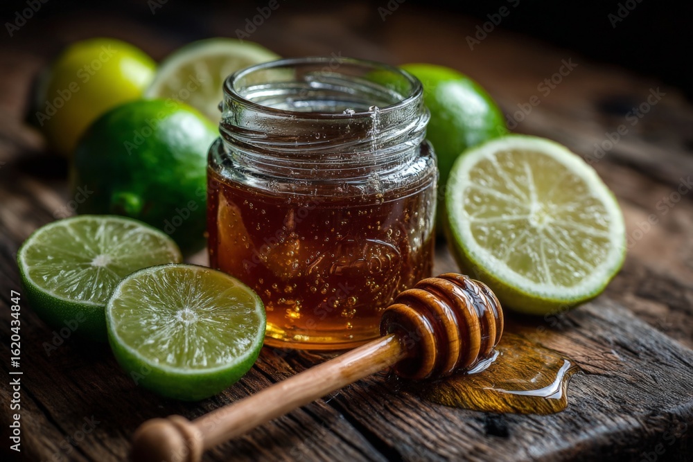 Poster fresh limes and honey in a rustic jar create a vibrant display on wooden surface
