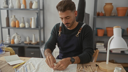 Fototapeta premium Potter molding clay with hands at wooden table in workshop with pottery shelves; mindful creativity.