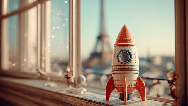 Colorful toy rocket near window with Eiffel Tower view during sunset