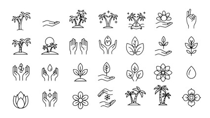 Beautiful tropical palm trees and nature icons symbolizing growth, care, and renewal for wellness and eco themes vector illustration