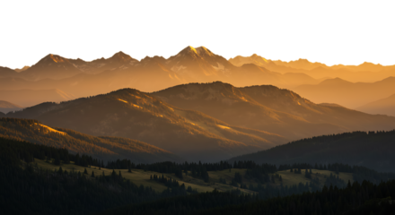 Layered mountain range at sunset with golden light illuminating the peaks isolated on transparent background