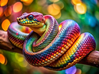 Fototapeta premium Iridescent Snake Coiled on Branch, Bokeh Nature Photography, Colorful Reptile, Wildlife Stock Photo