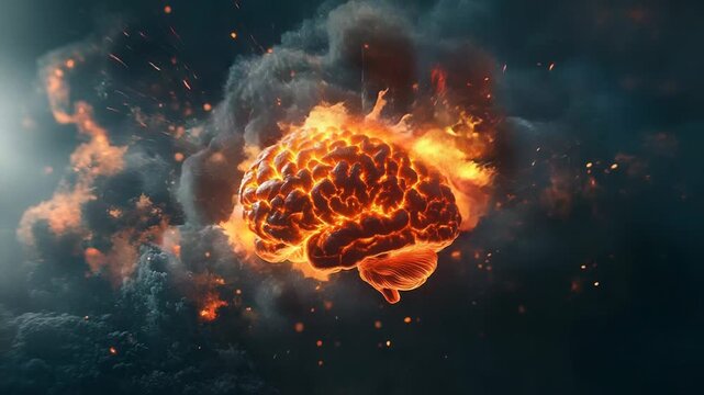 Burning human brain exploding with fire and smoke
