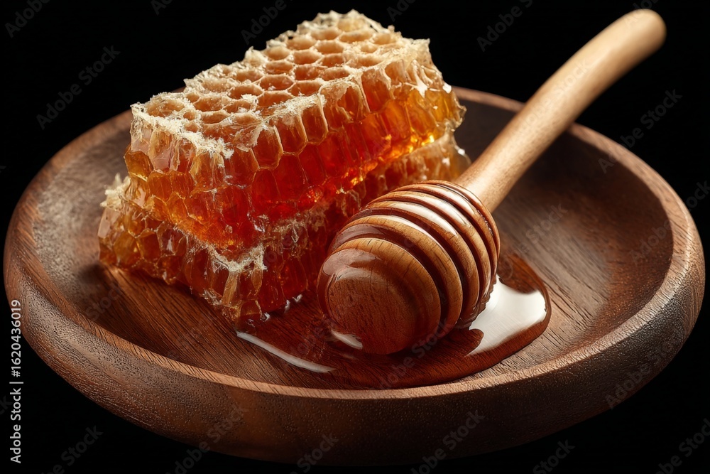 Aufkleber honeycomb displayed on a wooden plate with a honey dipper resting on it in a dark setting