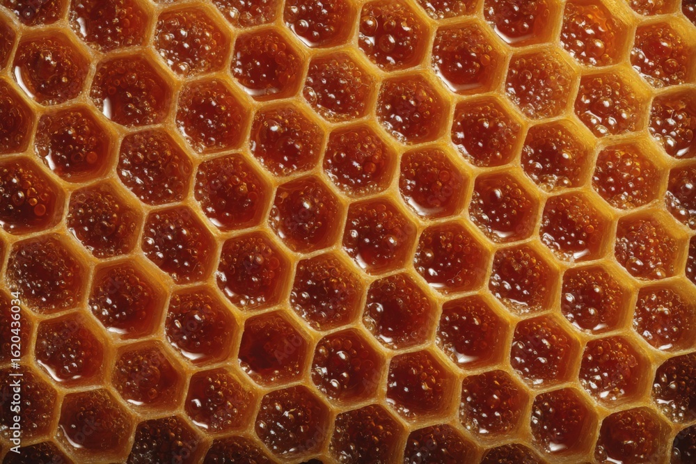 Aufkleber honeycomb displaying hexagonal cells filled with golden honey under natural light in a close-up view