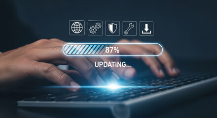 Person s hands typing on a keyboard with a digital updating progress bar overlay