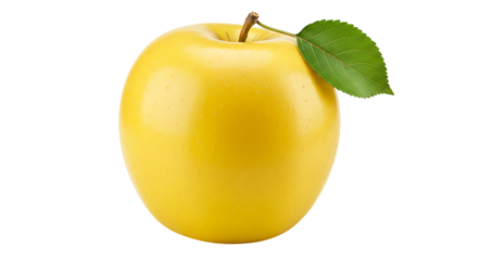 Yellow apple with green leaf isolated on transparent background