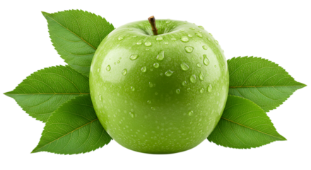 Single green apple with water drops and leaves isolated on transparent background