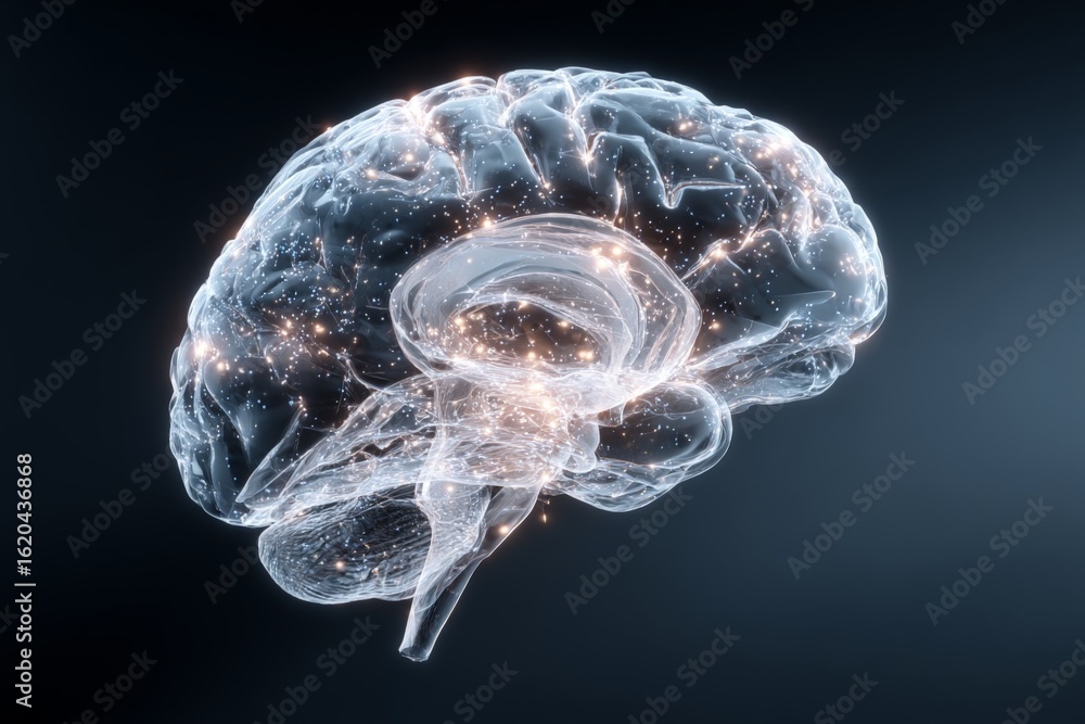 Poster digital representation of a human brain with glowing neural connections depicting cognitive activity