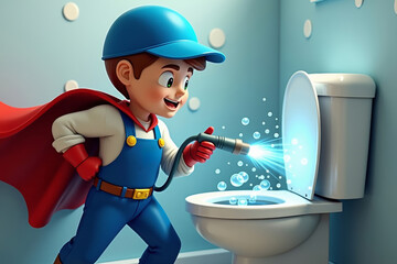 Plumber in Superhero Costume Using Hydro Jet to Clear Toilet Clog, Sending Bubbles Everywhere