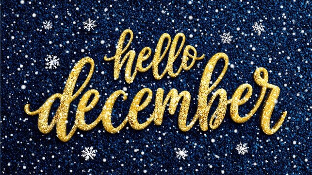 Golden text saying 'Hello December' on a dark blue glitter background with white snowflakes. The scene evokes a festive winter atmosphere.