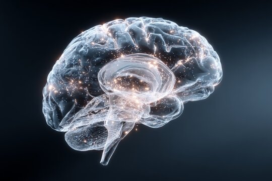 Digital representation of a human brain with glowing neural connections depicting cognitive activity and intelligence