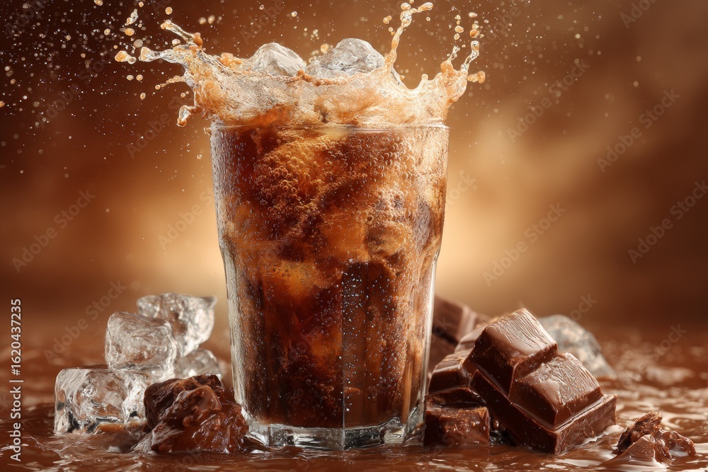 Poster refreshing glass of cola splashing ice cubes with chocolate surrounding at a warm setting