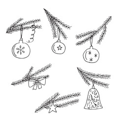 Fir branches with Christmas toys set of doodles, hand drawing, vector illustration