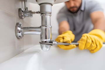 Skilled plumber in yellow gloves expertly tightens pipe fitting under sink, ensuring reliable home maintenance and preventing leaks.