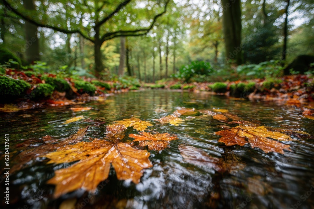 Poster autumn leaves float serenely in a forest stream, reflecting the surrounding trees, creating a peacef