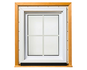 White four-pane window sash inside of a natural wood frame on a transparent background