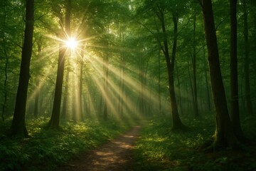 Obraz premium Sunlight Filters Through Trees A Serene Forest Trail