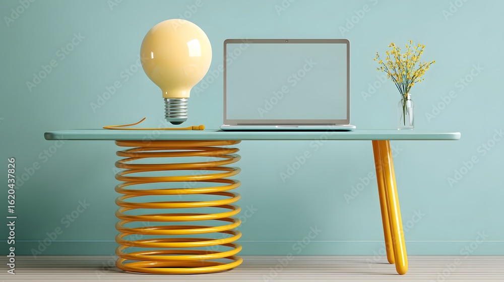 Poster stylish workspace with a lightbulb and spring.