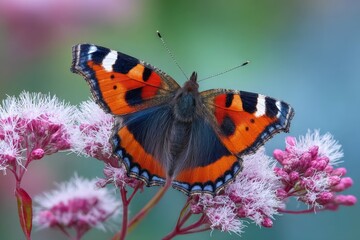Obraz premium Colorful butterfly perched on pink flowers during a sunny day in a garden setting