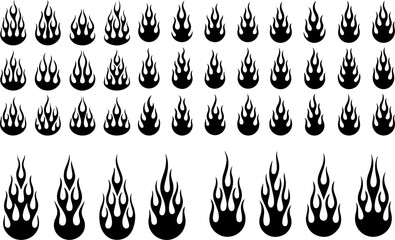 Flame silhouettes in classic 90s style, motorcycle and hot rod car style. Old school, retro tattoos. Black and white flame silhouette and outline style. Illustration Vector