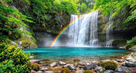 Majestic waterfall plunging into turquoise waters, framed by lush greenery and a vivid rainbow arching across the mist – AI Generated Digital Art