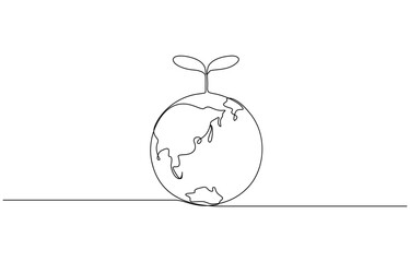 Continuous one line drawing of plant on earth vector illustration. Editable outline