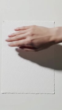 Close-up top-down video of a human hand placing pristine, textured white paper with deckled edges on a bright white matte surface, bathed in soft high-key light and diffused shadows. Concept of