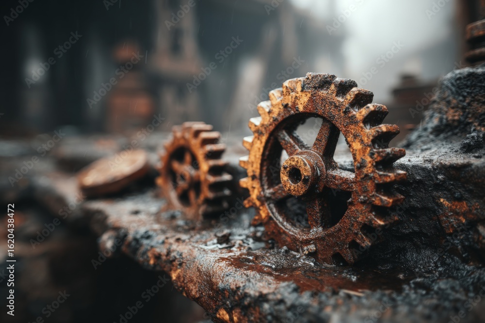 Poster rusty gears rest on a weathered surface in a deserted industrial area under dim light during twiligh