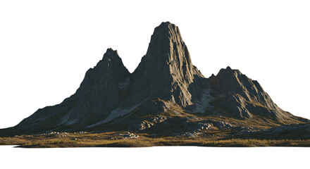 Jagged mountain range with rocky peaks and sparse vegetation isolated on transparent background
