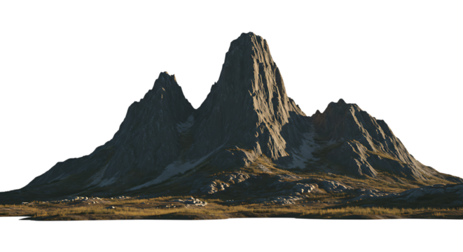 Jagged mountain range with rocky peaks and sparse vegetation isolated on transparent background - Powered by Adobe