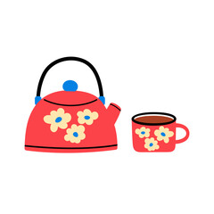 Red teapot and mug. Flat graphic tea vector illustration. Hot drink, cozy morning composition, tea party. Rustic teapot and a mug with a floral pattern.