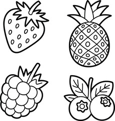Fruit outline illustration, strawberry, pineapple, raspberry, blueberries, black and white drawing, coloring book, vector sketch, educational, printable art