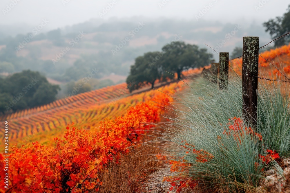 Poster a vibrant autumn vineyard with rows of colorful grapevines and rustic fence posts, creating a pictur