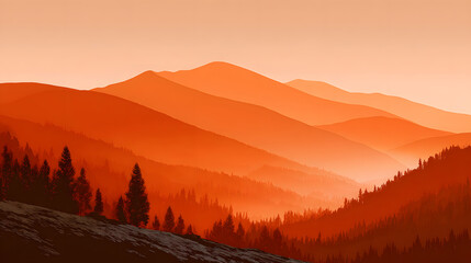 A serene mountain view at twilight showcasing muted orange tones and shadowed peaks against a fading light