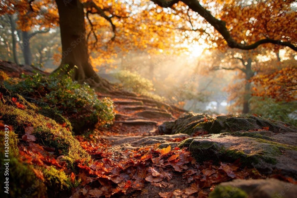 Poster a mesmerizing autumn forest with golden light filtering through trees and fallen leaves, creating a 