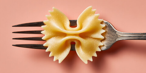 A fork showcases a piece of farfalle pasta against a soft pink background, highlighting food presentation