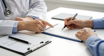 Doctor and patient collaborating on medical forms during a consultation, with the doctor pointing and patient signing important documents.