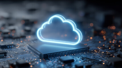 Bright neon cloud embedded on a microchip conveys edge computing synergy and seamless hardware cloud integration.