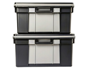 Two large stackable heavy-duty plastic storage boxes with lids on a transparent background