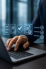Businessman Using Digital Document Verification System on Laptop
