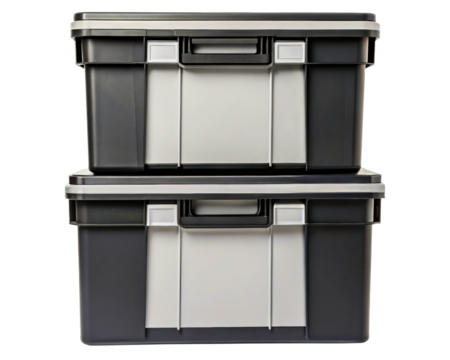 Two large stackable heavy-duty plastic storage boxes with lids on a transparent background