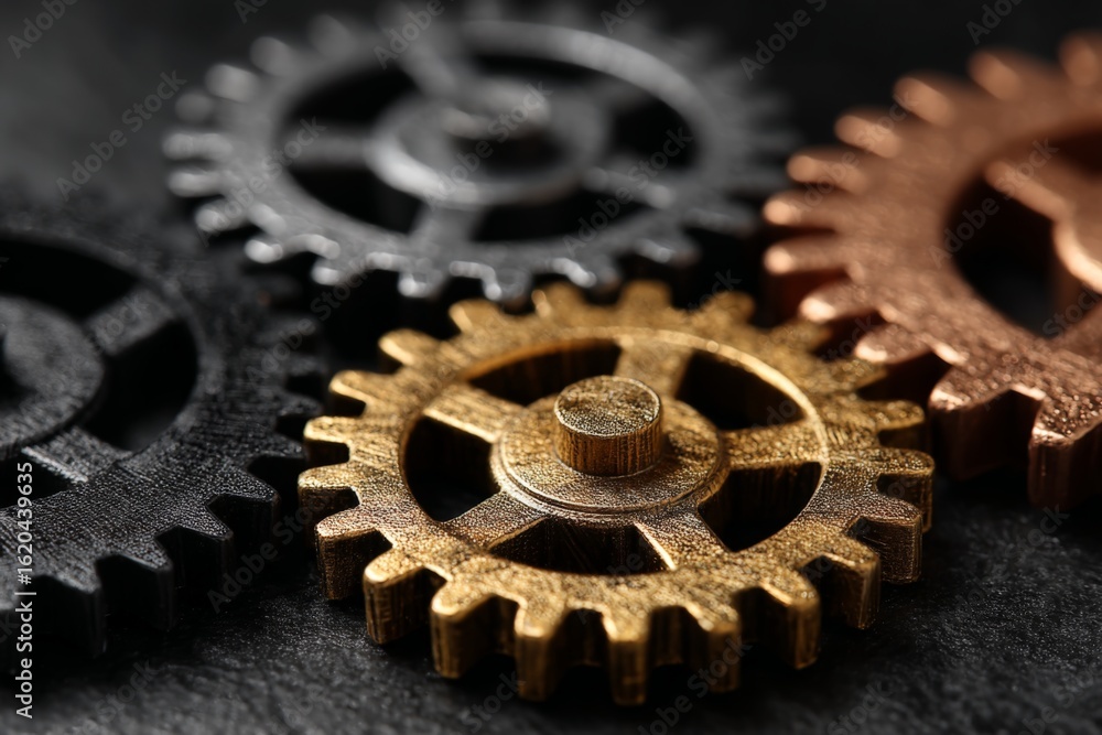 Poster steampunk gears in various metallic finishes arranged on a dark textured surface emphasizing craftsm