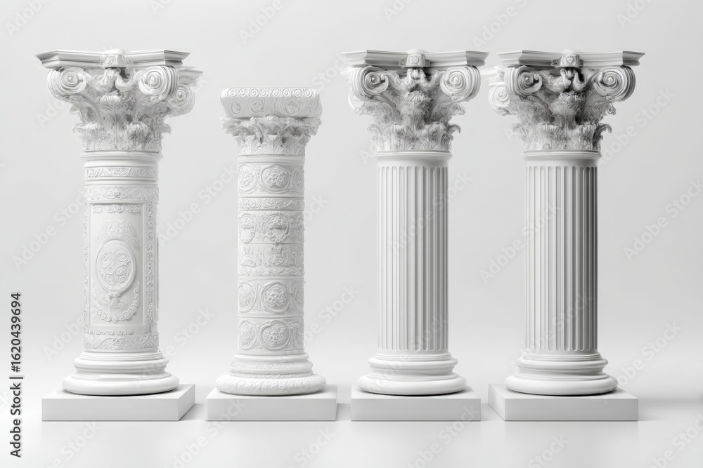 Poster elegant white columns showcased in a modern gallery setting with intricate designs and clean lines a