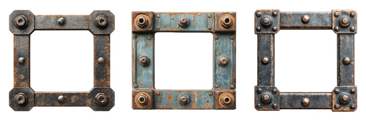 Set of Industrial Metal Frame with Rusty Bolts and Rivets Isolated on Transparent Background
