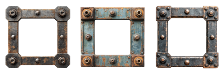 Set of Industrial Metal Frame with Rusty Bolts and Rivets Isolated on Transparent Background