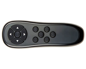 Top-down view of a simple black modern remote control on a transparent background