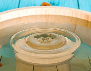 Serene moment of a water drop impact, creating concentric ripples in a clear wooden basin against a blue background.
